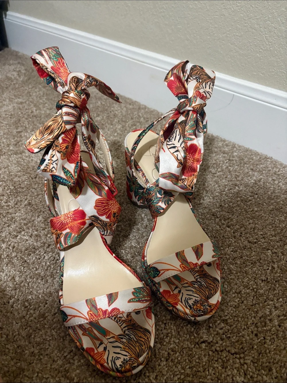 Jessica Simpson Floral Tie-Ankle Heeled Sandals in Cream, Red and Green